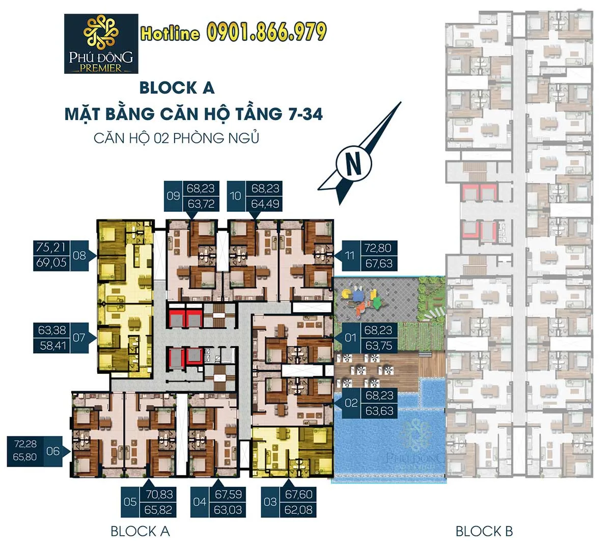 Mặt bằng căn hộ Phú Đông Premier mẫu 2 phòng ngủ Block A