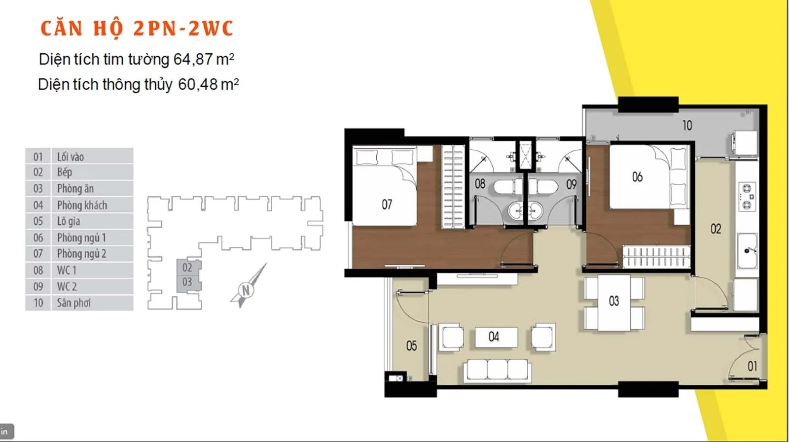 Layout thiết kế chi tiết căn hộ 64.87m² Him Lam Phú Đông.