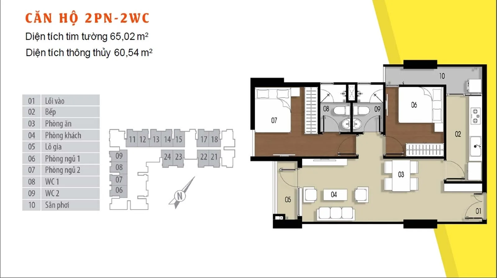 Layout thiết kế chi tiết căn hộ 65.02m² Him Lam Phú Đông.