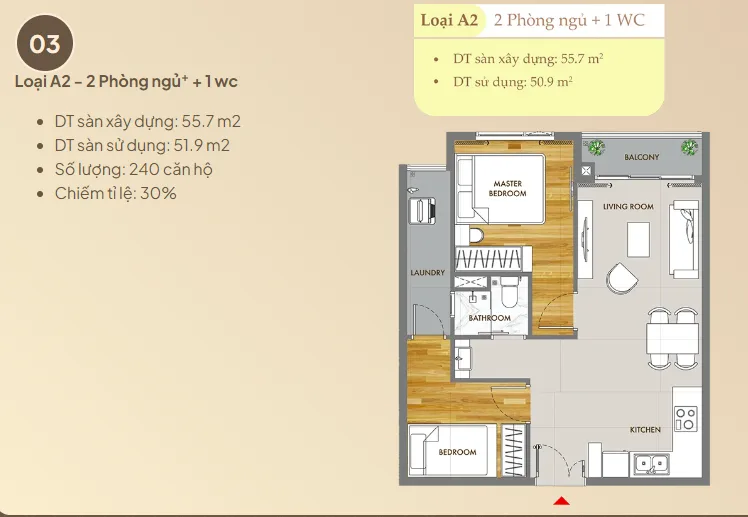 Một trong những phương án thiết kế layout căn hộ tối ưu tại Phú Đông Sky One.