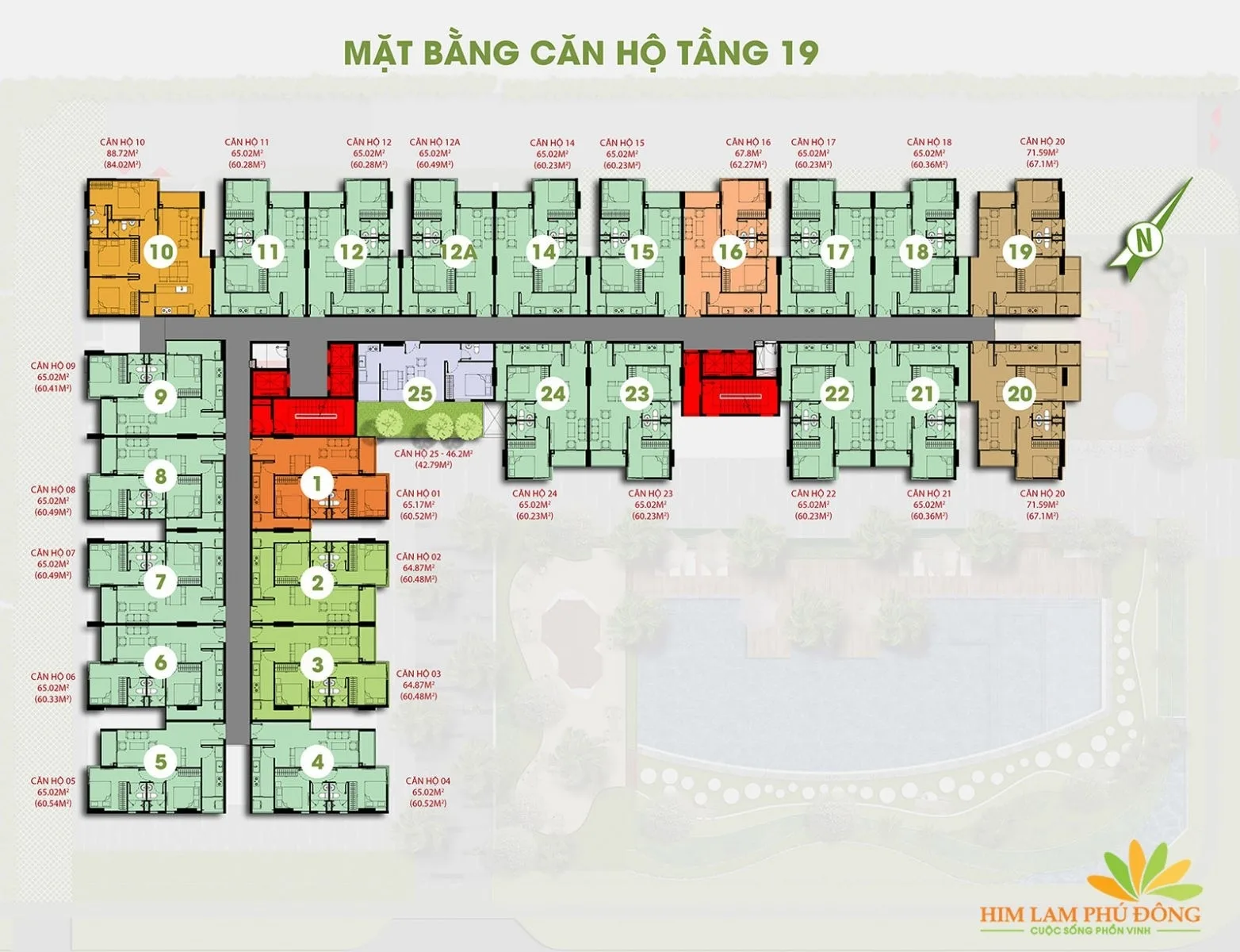 Mặt bằng thiết kế chi tiết tầng 19 Him Lam Phú Đông.