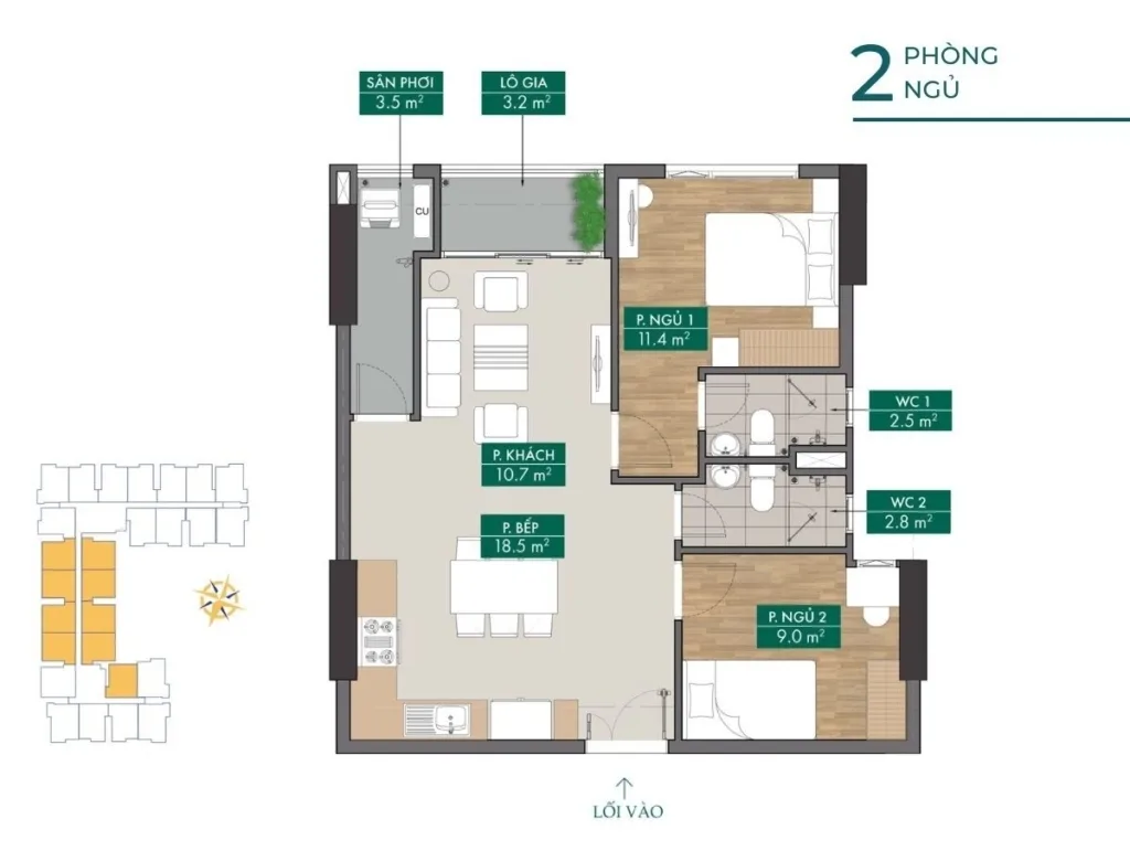 Mặt bằng căn hộ Phú Đông Sky Garden 2 phòng ngủ 68.2m2