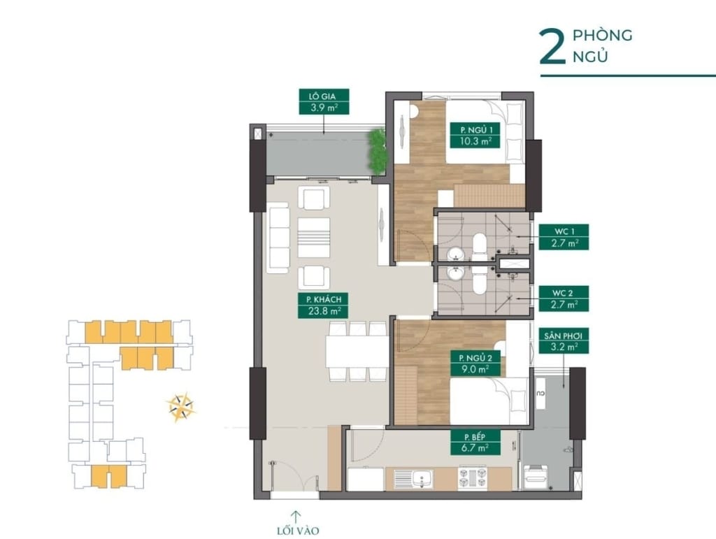 Mặt bằng căn hộ Phú Đông Sky Garden 2 phòng ngủ 69.7m2