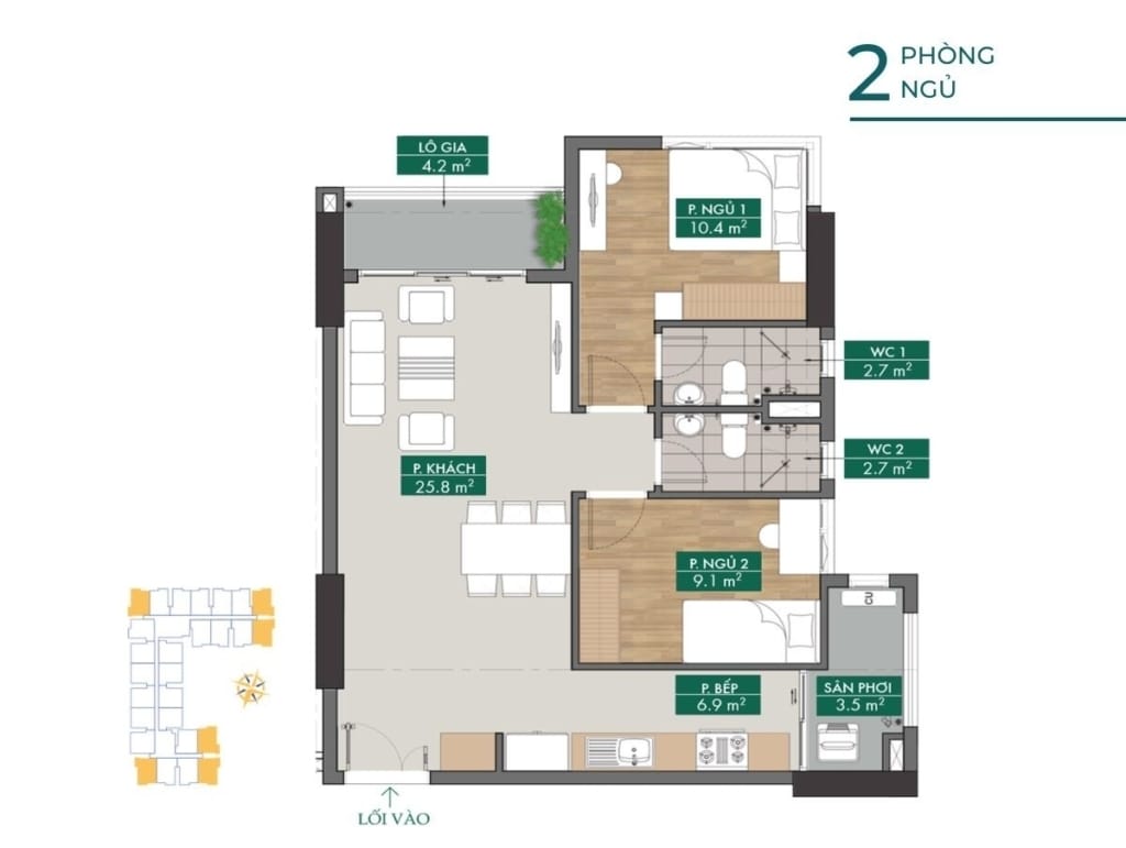 Mặt bằng căn hộ Phú Đông Sky Garden 2 phòng ngủ 72.9m2
