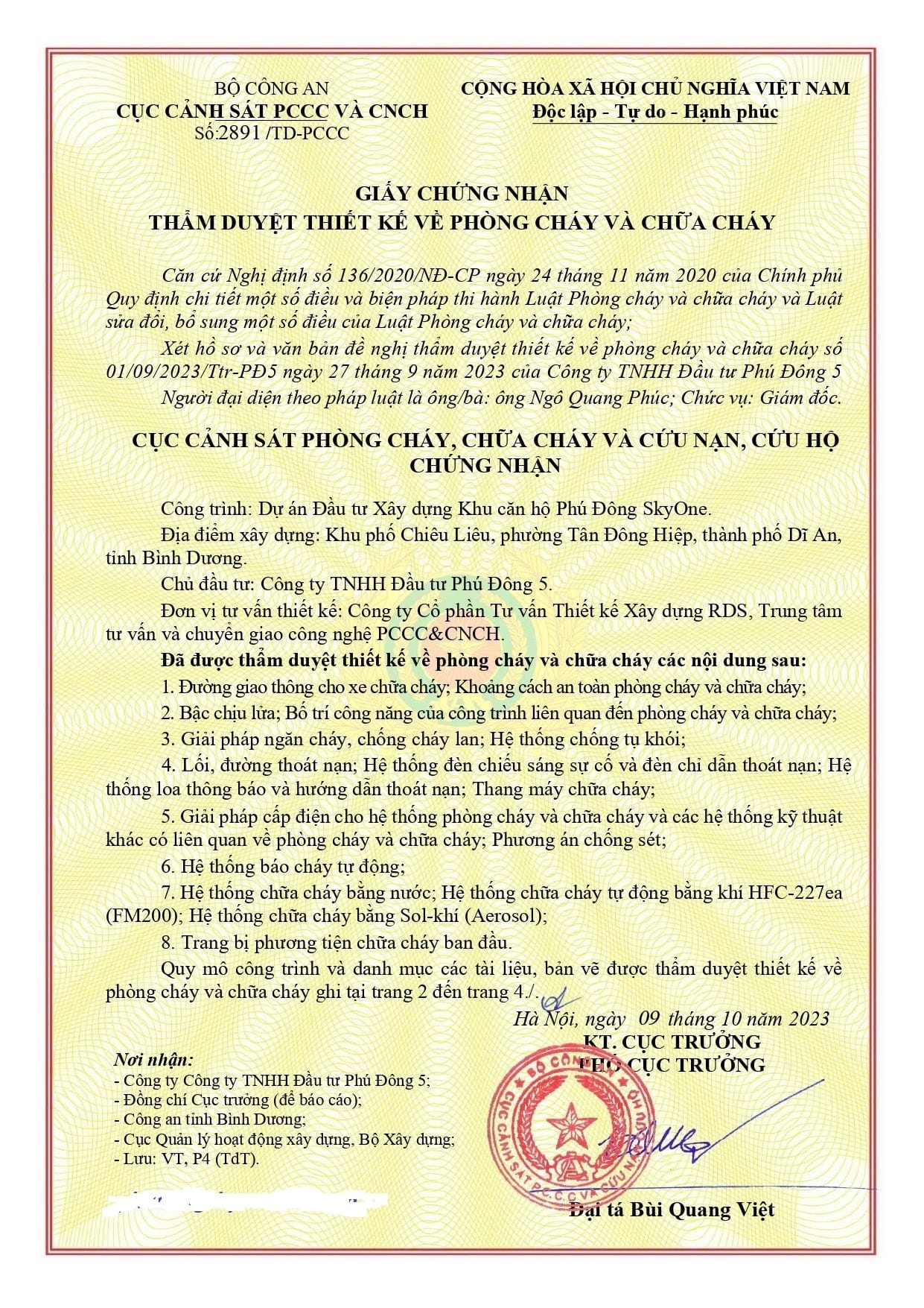 Giấy chứng nhận thẩm duyệt thiết kế PCCC Phú Đông SkyOne