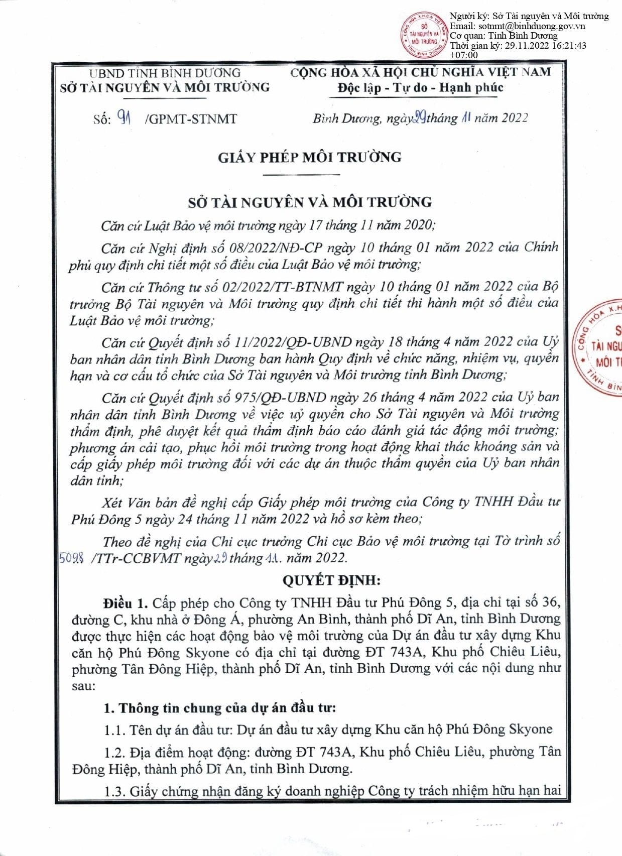 Giấy phép môi trường dự án Phú Đông SkyOne