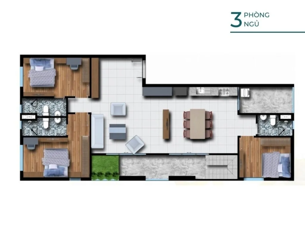 Layout Penhouse 3 phòng ngủ – 3 nhà vệ sinh, 132m2