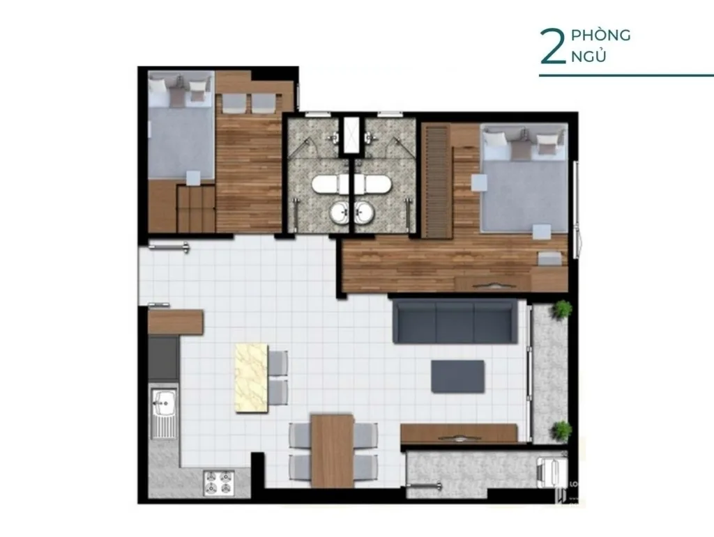 Layout Căn 2 phòng ngủ – 2 nhà vệ sinh, 65 – 68m2
