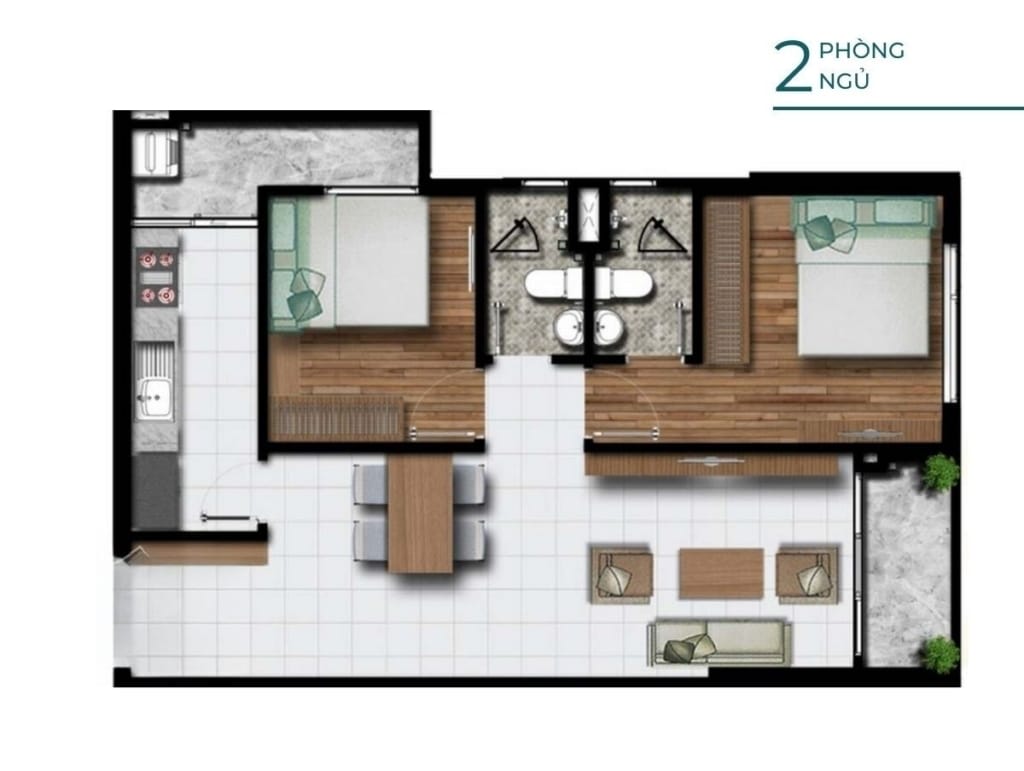 Layout Căn 2 phòng ngủ – 2 nhà vệ sinh, 67 – 73m2