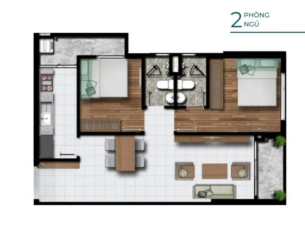 Layout Căn 2 phòng ngủ – 2 nhà vệ sinh, 67 – 73m2