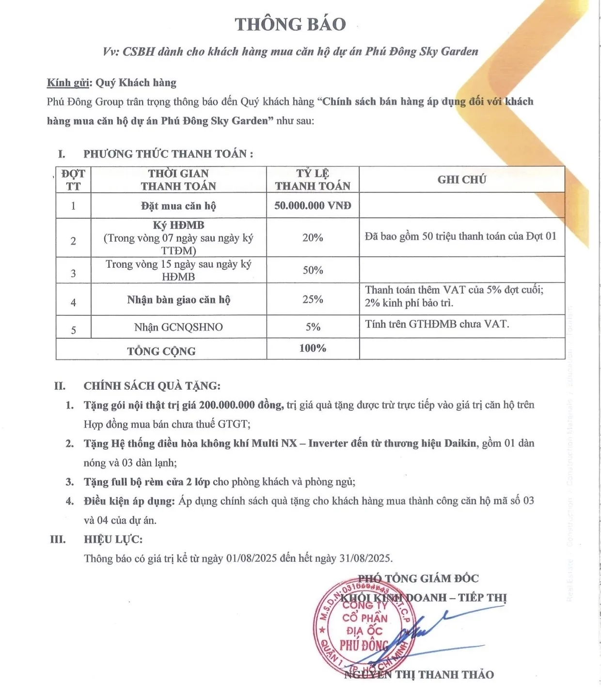 Chính sách bán hàng Phú Đông Sky Garden tháng 8 2025